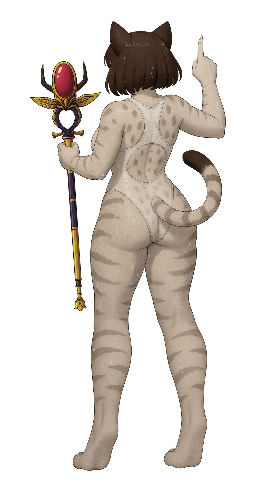 Bustycat Character Design, rear, drenched